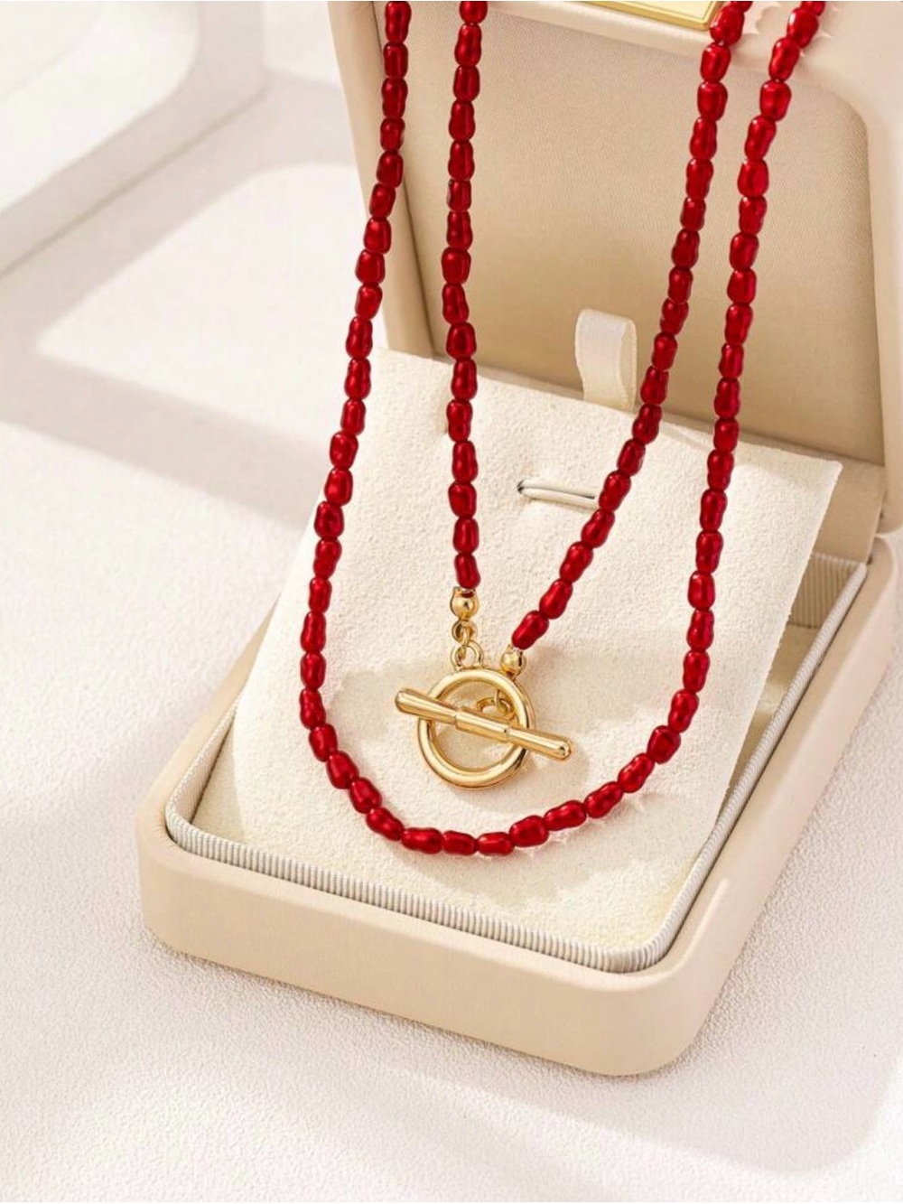 Gold Toggle Red Beaded Necklace - Women's Jewelry